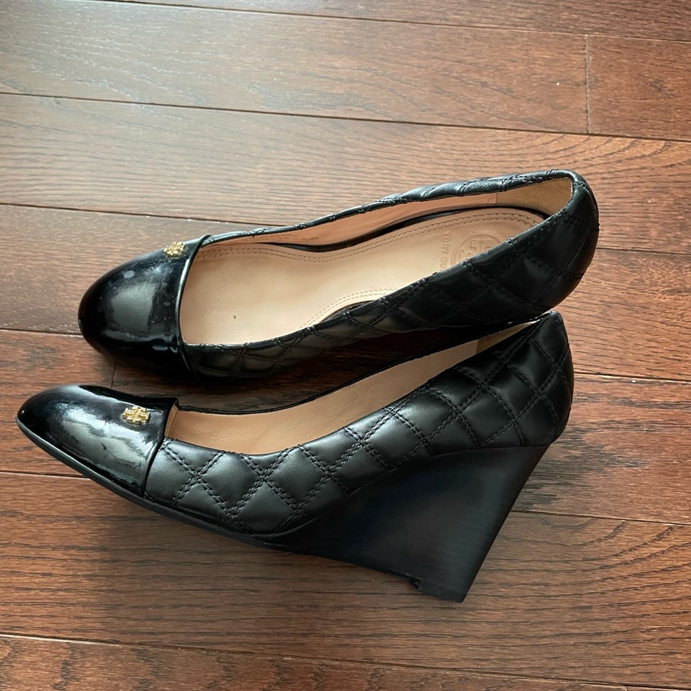 Tory Burch Black Quilted Wedge Shoes